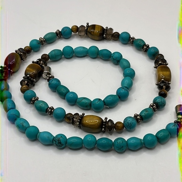 Tigers Eye Necklace Turquoise Howlite Beads Silver Tone Natural Tones - Picture 8 of 8